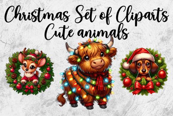 3 Christmas Reindeer, Dachshund & Cow Illustrations