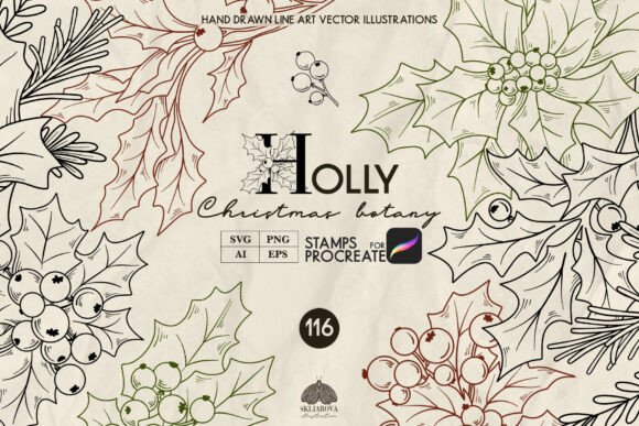 Christmas Holly Tree Line Art Illustrations