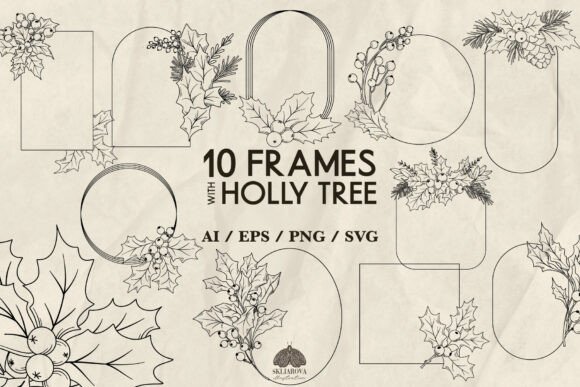 Christmas Winter Holly Frames SVG PNG: Festive Illustrations