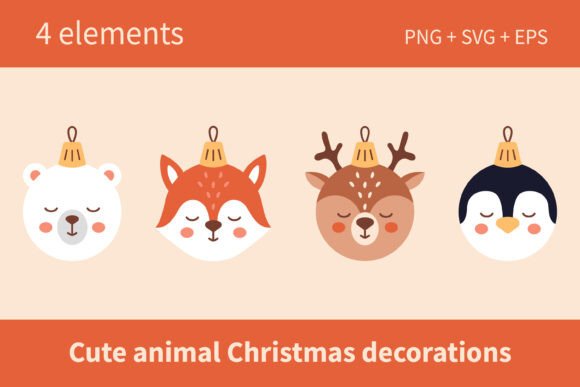 Cute Animals Christmas Baubles Set Illustrations