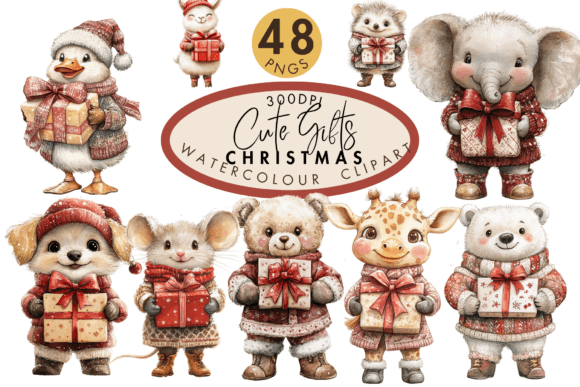 Cute Gifts Christmas Watercolor Clipart & Illustrations