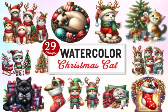 Popular Color Christmas Cat Clipart: Illustrations