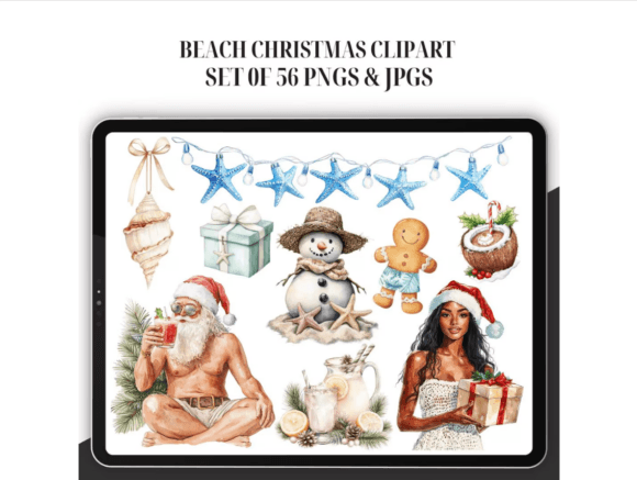 Watercolor Beach Christmas Clipart & Illustrations