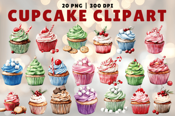 Watercolor Christmas Cupcake Clipart PNG & Illustrations