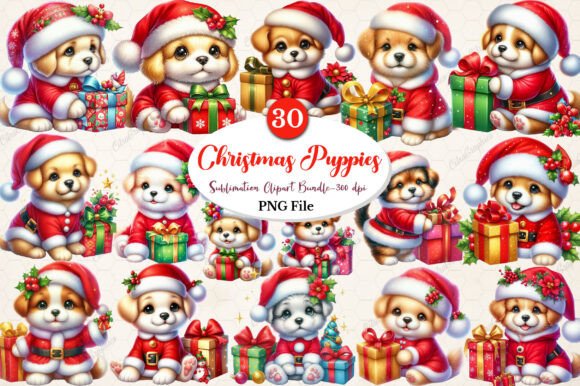 Watercolor Christmas Puppies PNG Clipart Illustrations